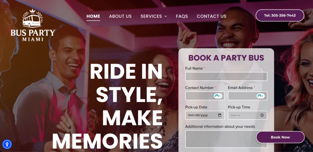 screenshot of Miami party bus website's home page