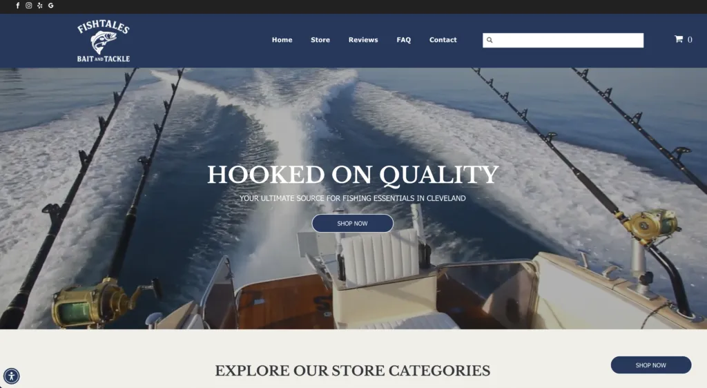 Screenshot of Fishtales Bait and Tackle website's homepage